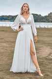 A-Line Tulle Beaded Ivory brudekjole med lange ermer