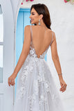 Tulle Backless Ivory Long A Line brudekjole med broderi