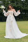 Ivory avtakbare lange ermer Sweep Train brudekjole med 3D-blomster