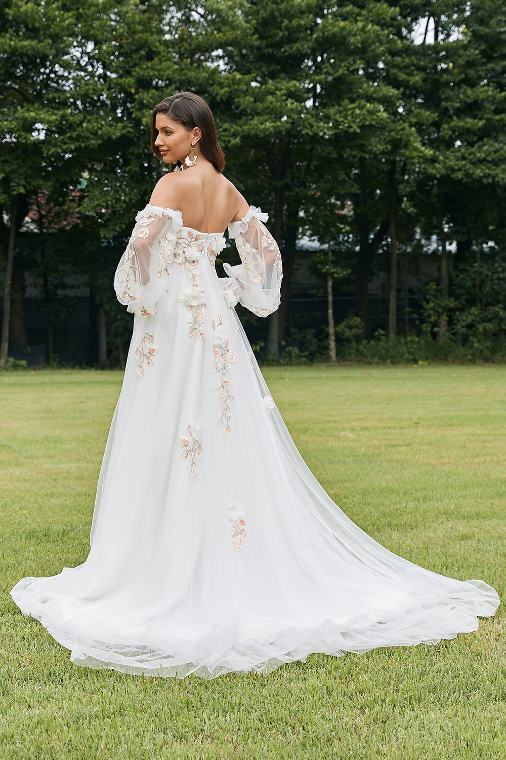 Ivory avtakbare lange ermer Sweep Train brudekjole med 3D-blomster