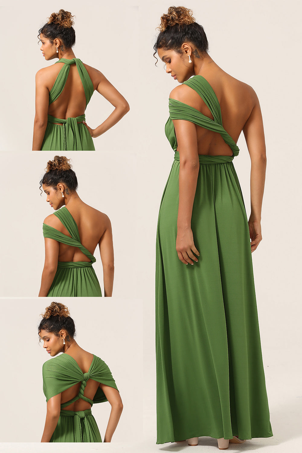 Sjarmerende A Line Olive Green Spandex Konvertible Wear Long brudepike kjole