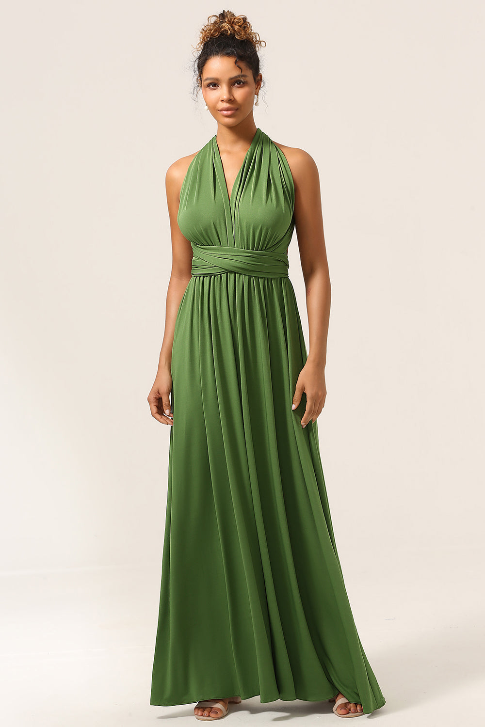 Sjarmerende A Line Olive Green Spandex Konvertible Wear Long brudepike kjole