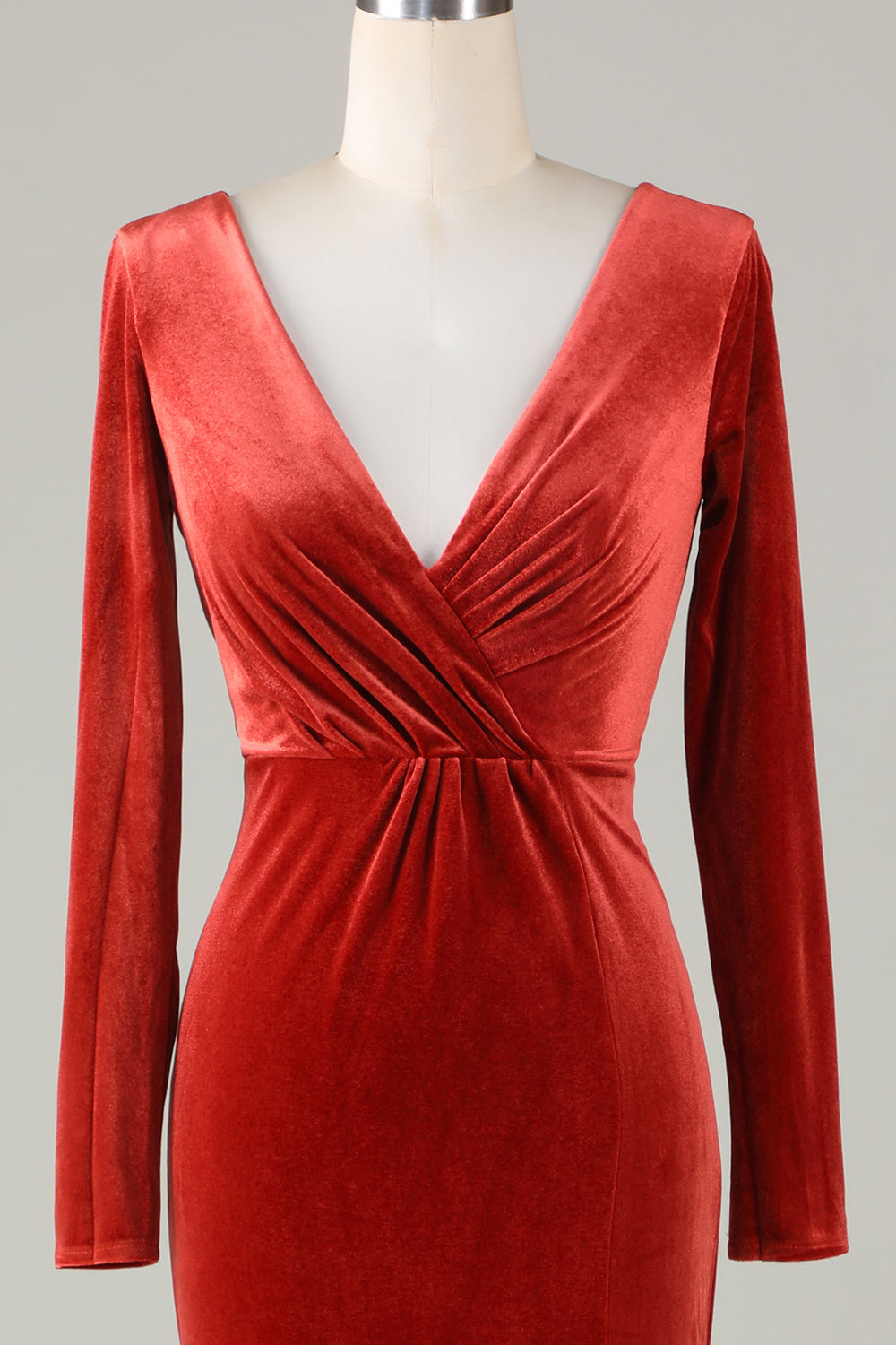 Velvet havfrue terrakotta brudepike kjole med lange ermer