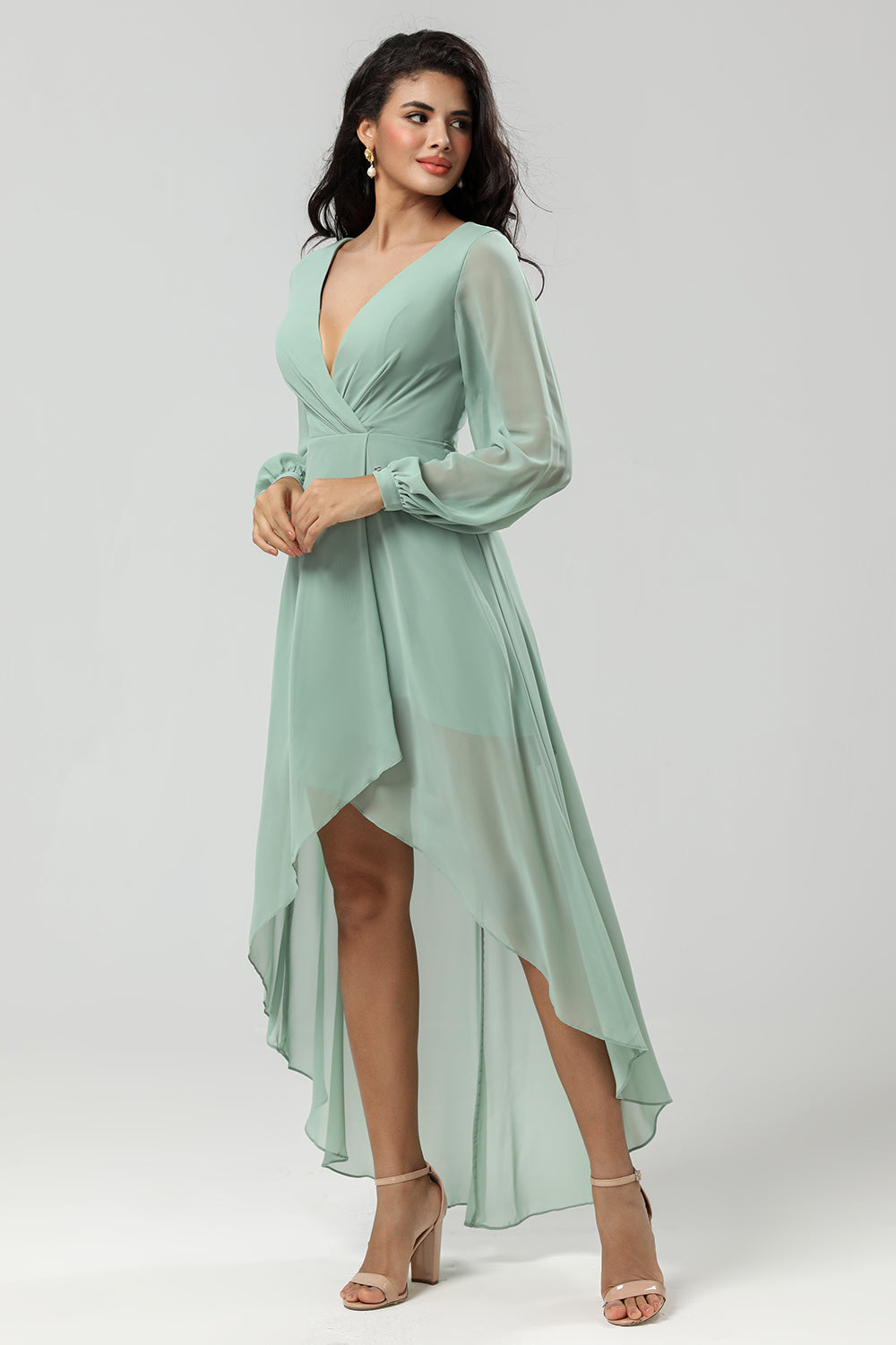 High-low Chiffon A Line Green brudepike kjole med lange ermer