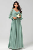 A Line Green Long Sleeves Bridesmaid Dress med Slit