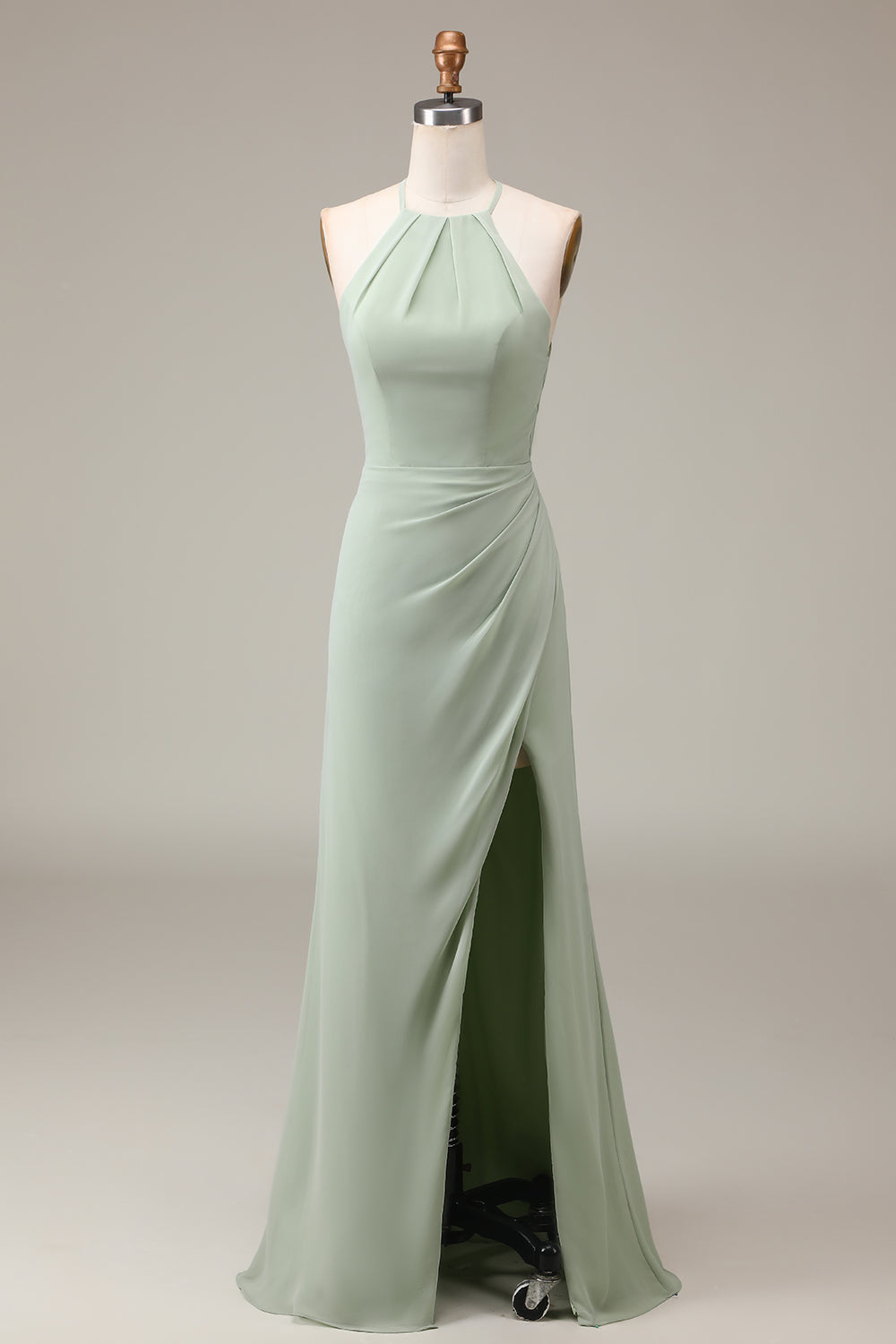 Matcha Halter Neck Sheath plissert brudepike kjole med Slit