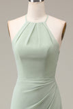 Matcha Halter Neck Sheath plissert brudepike kjole med Slit