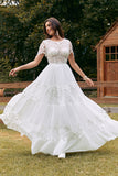 Ivory korte ermer Boho Chiffon brudekjole med blonder
