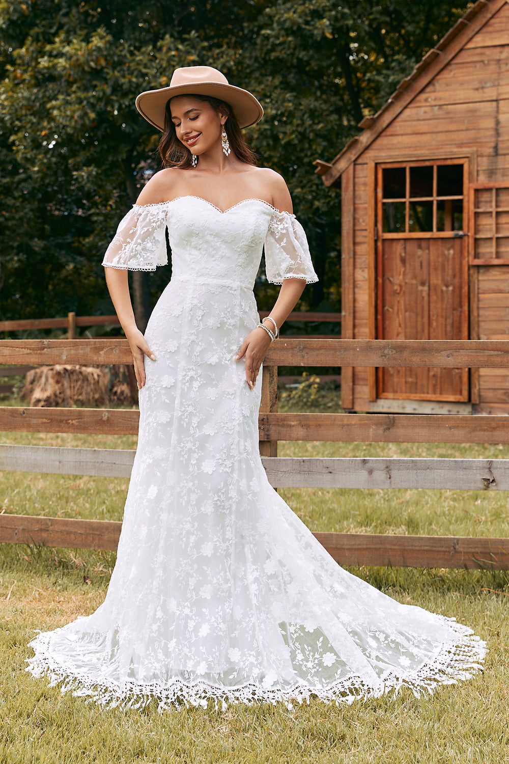 Ivory Mermaid Lace Sweep Train brudekjole med ermer
