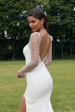 Ivory Illusion lange ermer Backless havfrue brudekjole med Slit