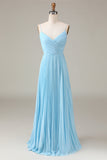 Sky Blue Spaghetti stropper V-hals A-linje plissert Chiffon brudepike kjole