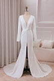 Ivory Deep V-hals lange ermer Crepe havfrue brudekjole med Front Slit