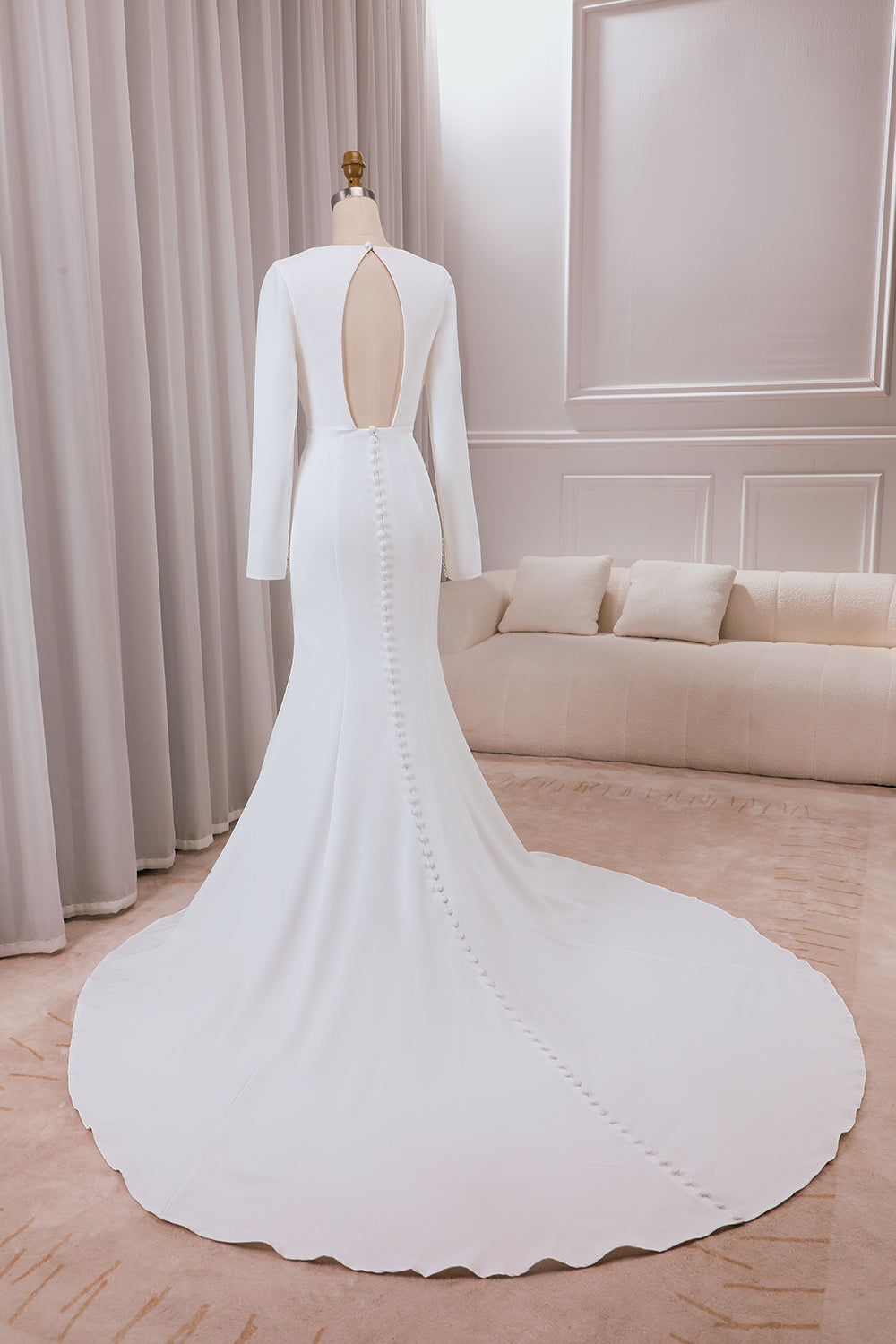 Ivory Deep V-hals lange ermer Crepe havfrue brudekjole med Front Slit