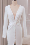 Ivory Deep V-hals lange ermer Crepe havfrue brudekjole med Front Slit