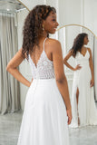 Ivory A-Line Chiffon Sweep Train brudekjole med blonder