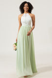 A-Line Halter Neck Dusty Sage Lace og Chiffon Long Bridesmaid Dress