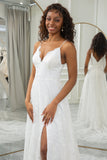 Ivory A-Line Sweep Train Lace brudekjole med Slit