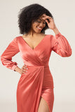 Terracotta A-Line V-Neck Satin brudepike kjole med spalt