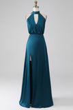 Peacock A-Line Halter Neck Long Bridesmaid Dress med Slit