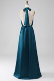 Peacock A-Line Halter Neck Long Bridesmaid Dress med Slit