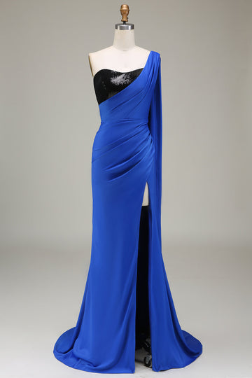 Royal Blue One Shoulder Satin og Sequin Mermaid plissert ballkjole med spalt