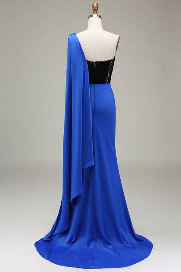Royal Blue One Shoulder Satin og Sequin Mermaid plissert ballkjole med spalt