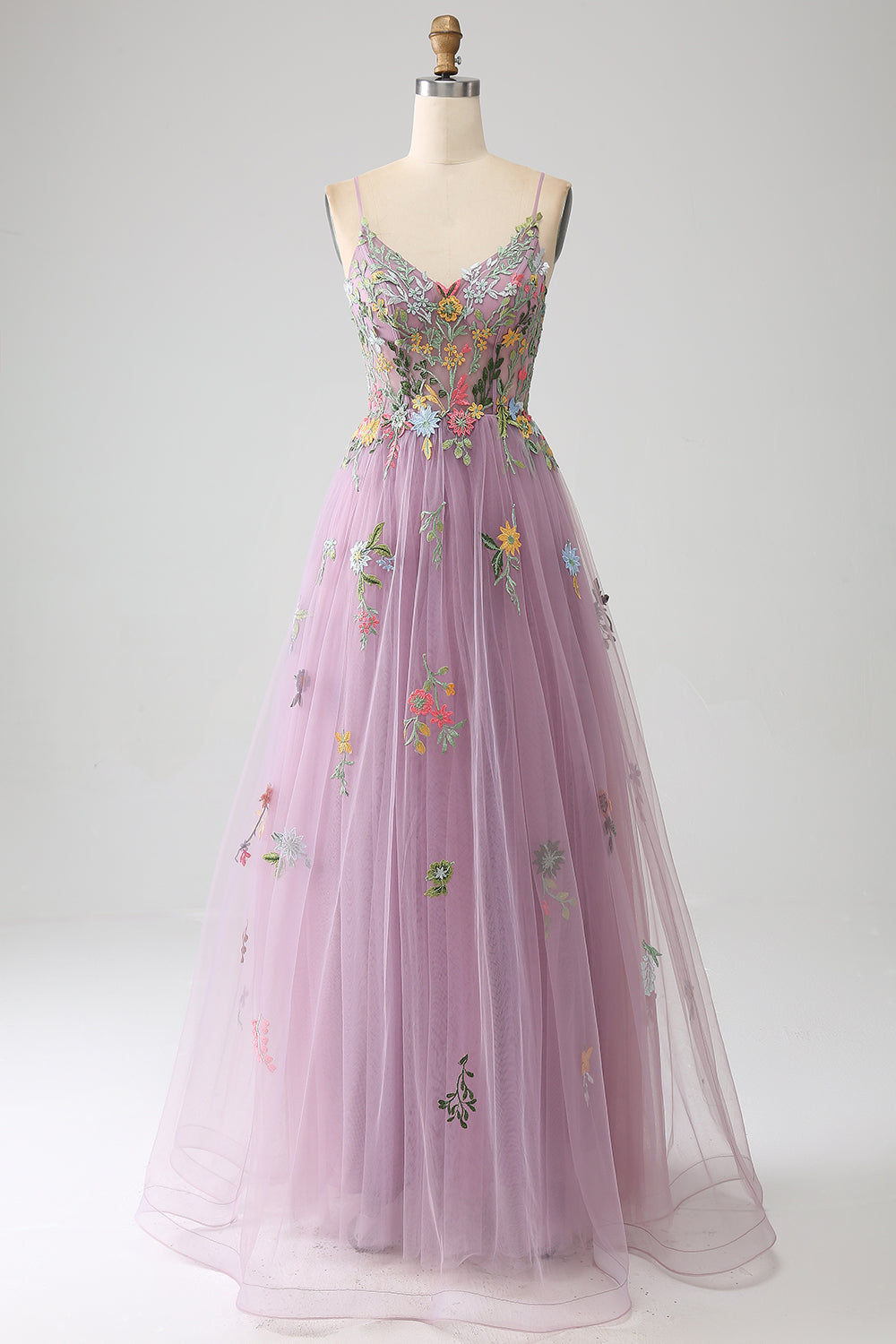 Mauve A-line spaghetti stropper tyll lang ballkjole med broderi