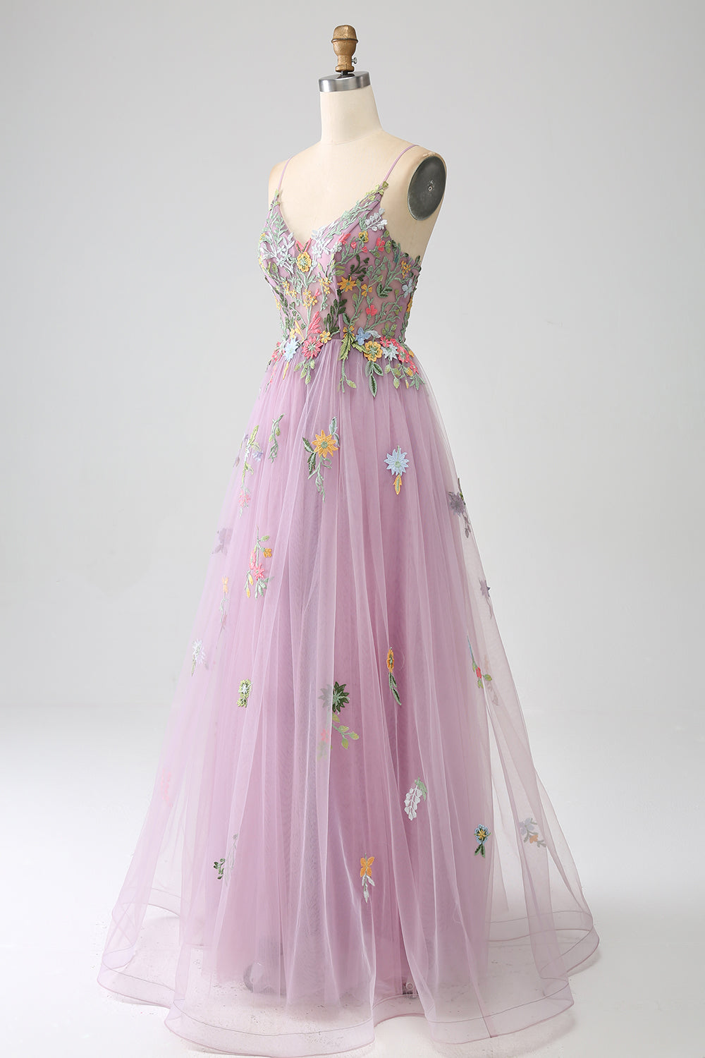 Mauve A-line spaghetti stropper tyll lang ballkjole med broderi