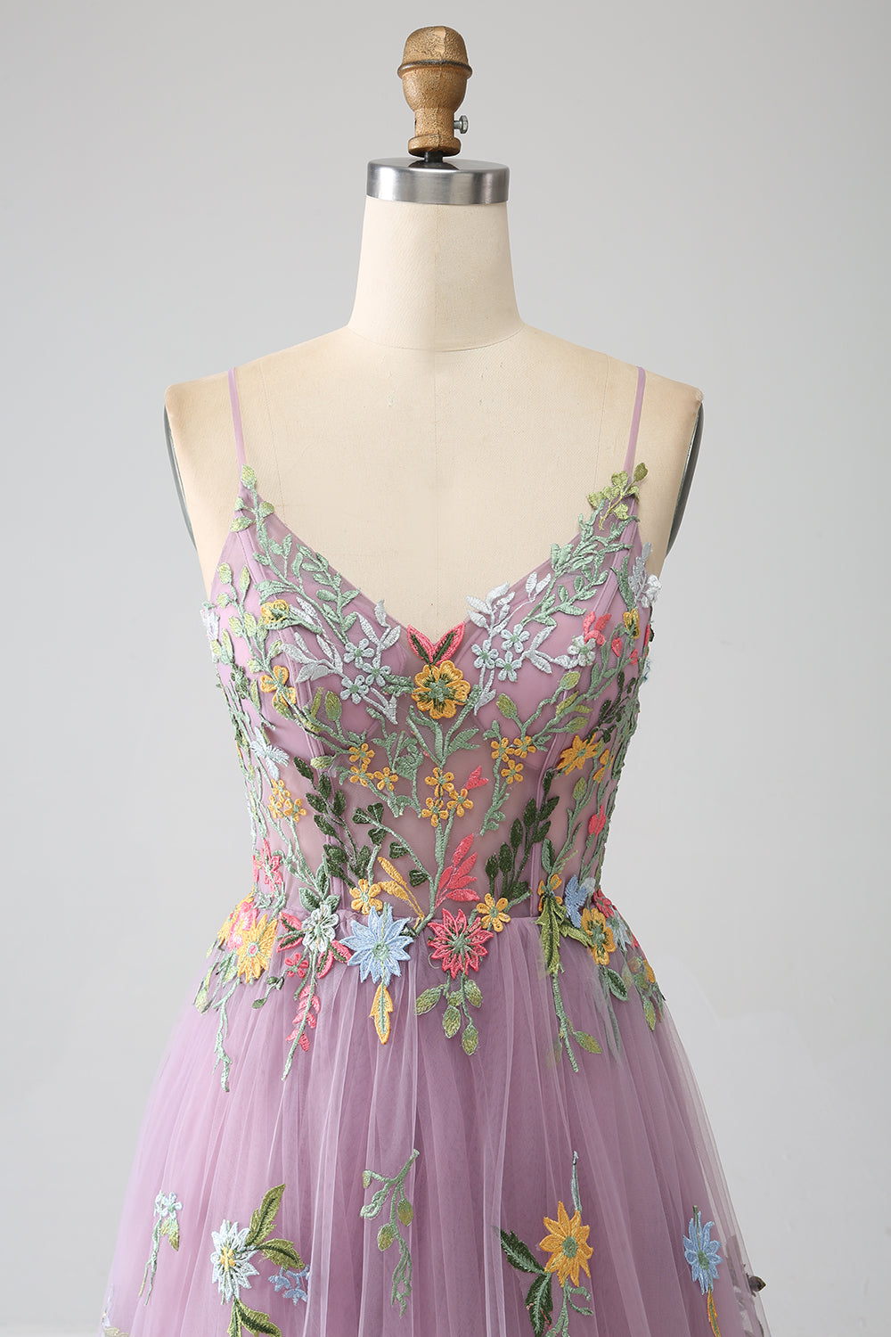 Mauve A-line spaghetti stropper tyll lang ballkjole med broderi