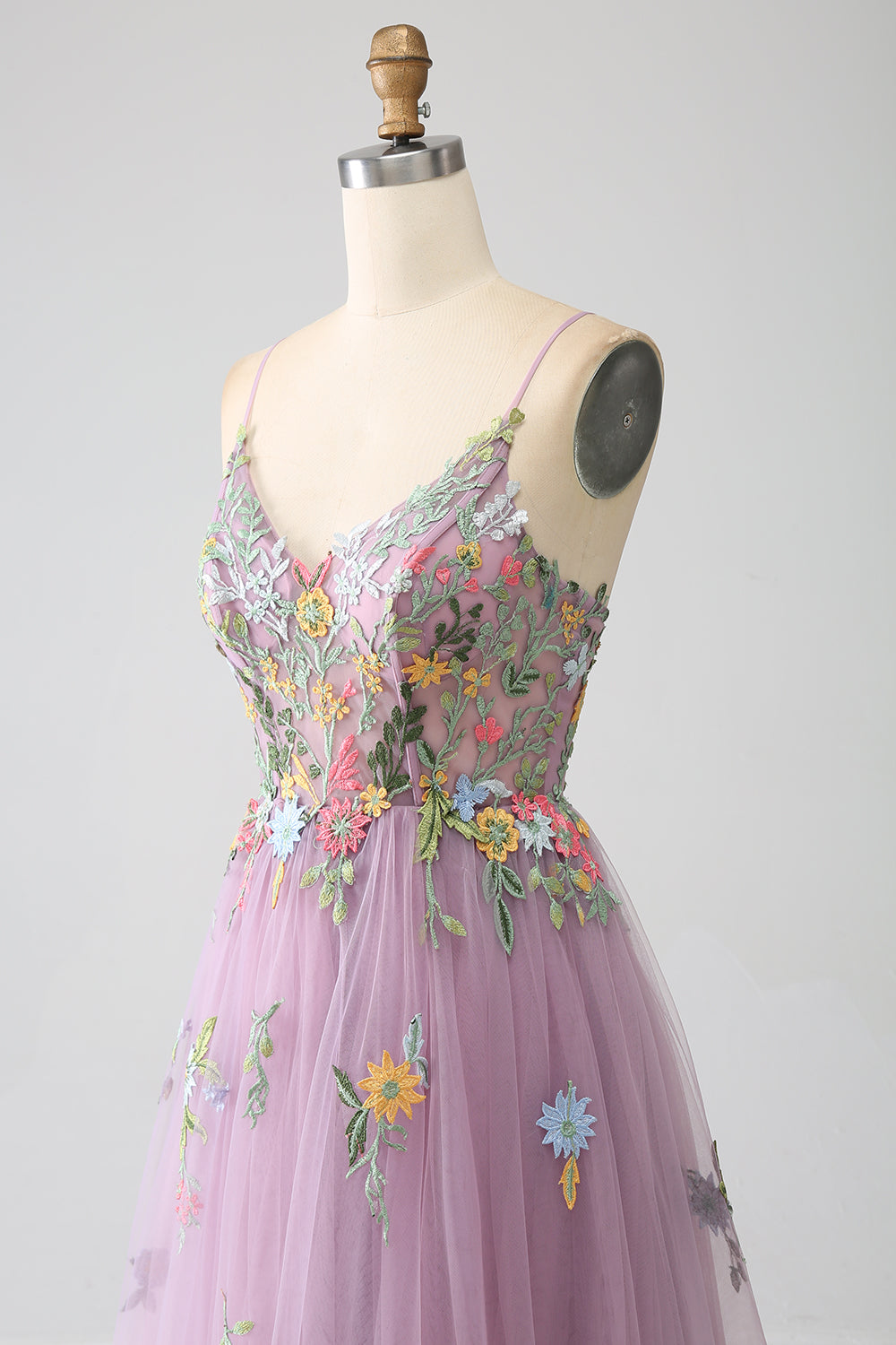 Mauve A-line spaghetti stropper tyll lang ballkjole med broderi