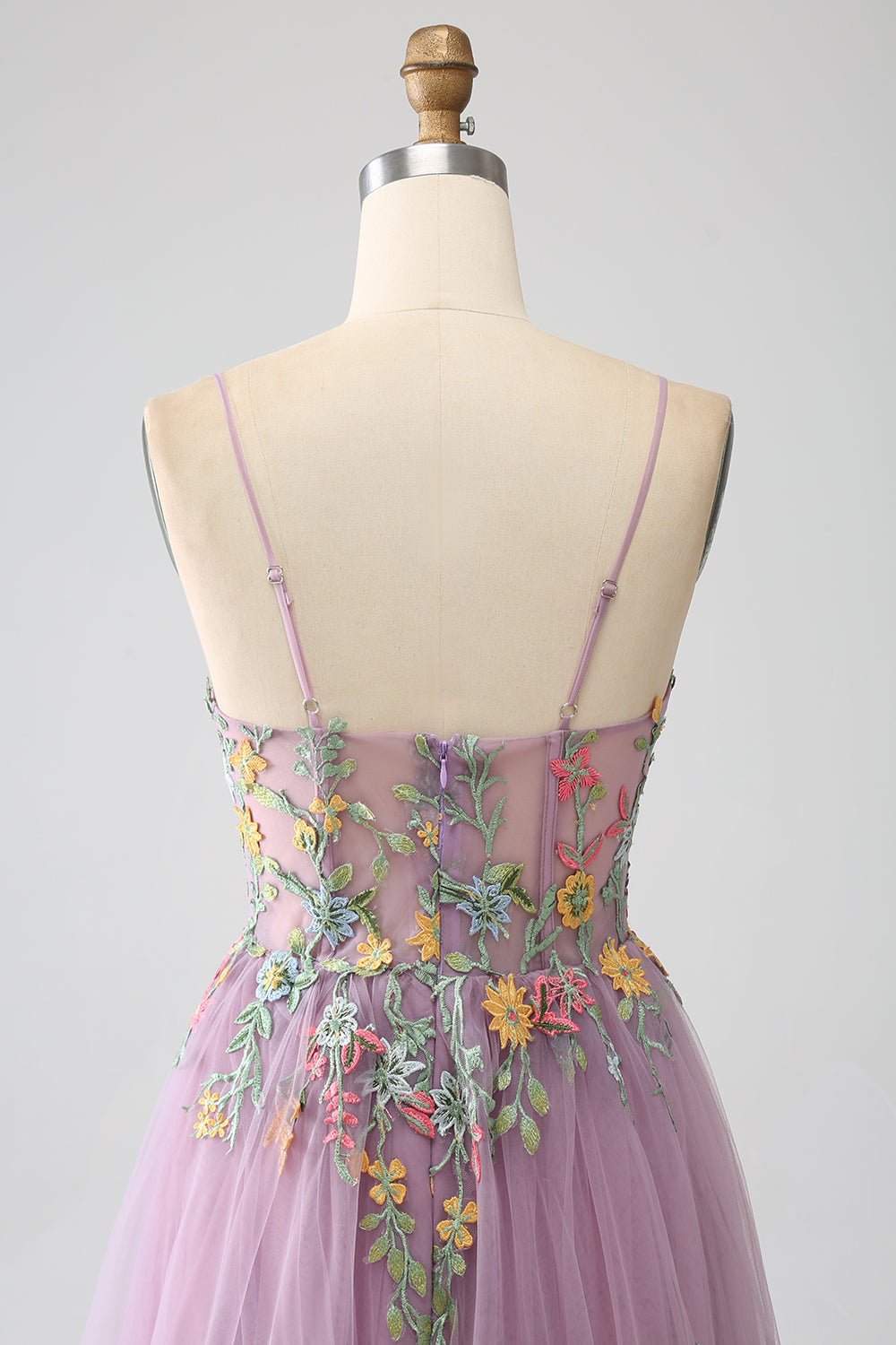 Mauve A-line spaghetti stropper tyll lang ballkjole med broderi