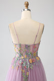 Mauve A-line spaghetti stropper tyll lang ballkjole med broderi
