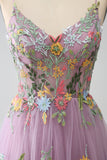Mauve A-line spaghetti stropper tyll lang ballkjole med broderi