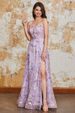 Nydelig A Line Spaghetti stropper Lys lilla Long Prom Kjole med Appliques
