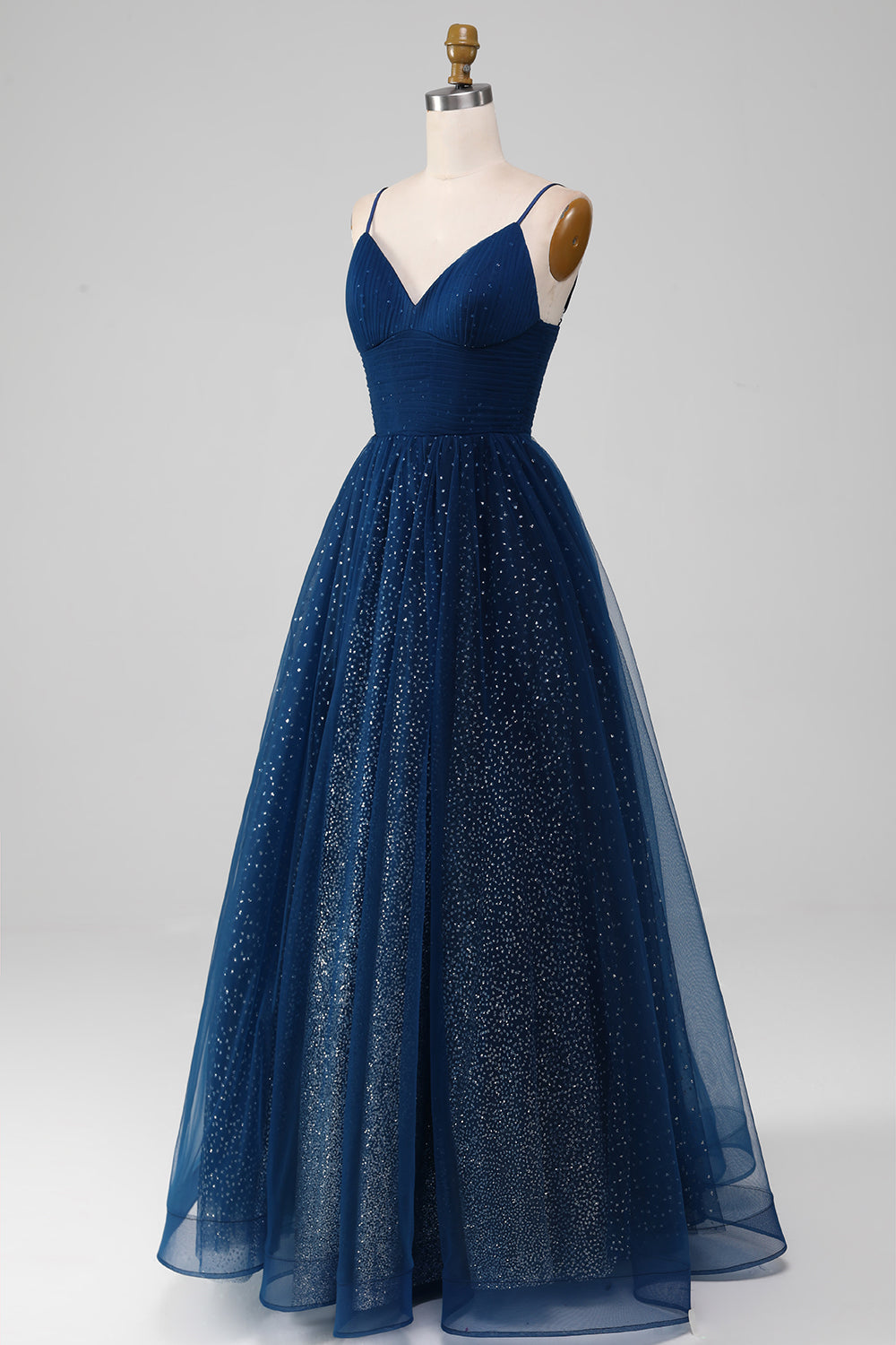 Navy ball-kjole V-hals lange beaded tyll prom kjoler med plissert
