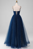 Navy ball-kjole V-hals lange beaded tyll prom kjoler med plissert