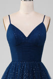 Navy ball-kjole V-hals lange beaded tyll prom kjoler med plissert