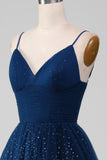 Navy ball-kjole V-hals lange beaded tyll prom kjoler med plissert