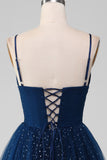 Navy ball-kjole V-hals lange beaded tyll prom kjoler med plissert