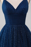 Navy ball-kjole V-hals lange beaded tyll prom kjoler med plissert