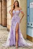 Mauve Off The Shoulder Split Front Long Mermaid Prom Dress med Appliques
