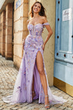Mauve Off The Shoulder Split Front Long Mermaid Prom Dress med Appliques