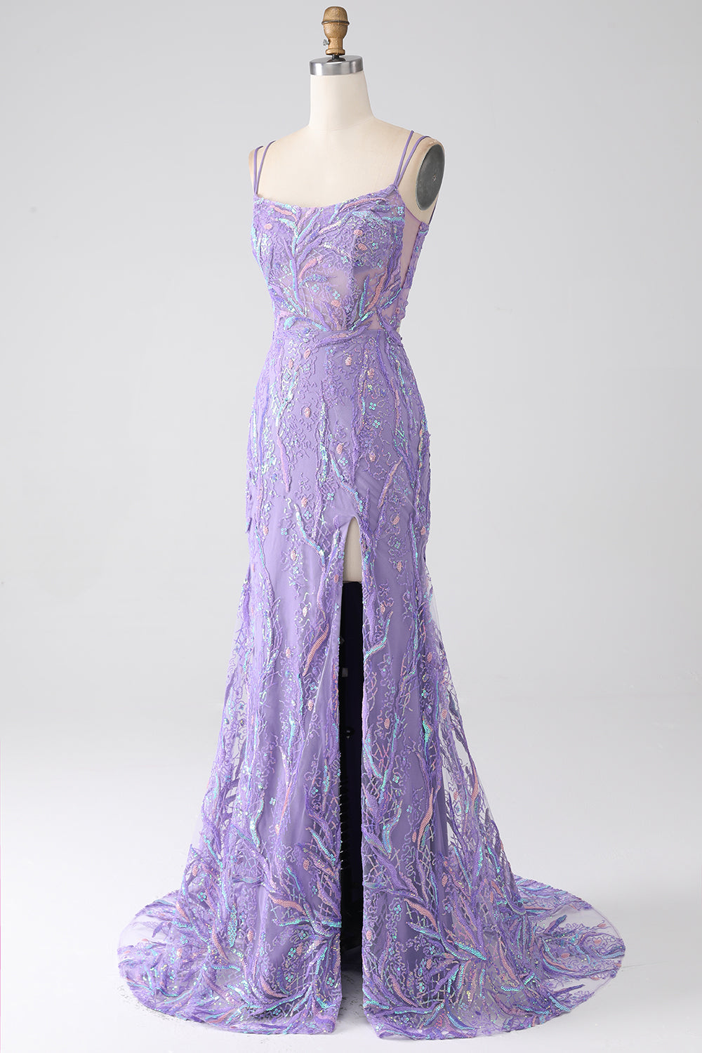 Mermaid Lace-Up Back Lilac Sequins Prom Dress med Slit