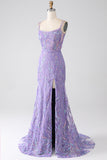 Mermaid Lace-Up Back Lilac Sequins Prom Dress med Slit