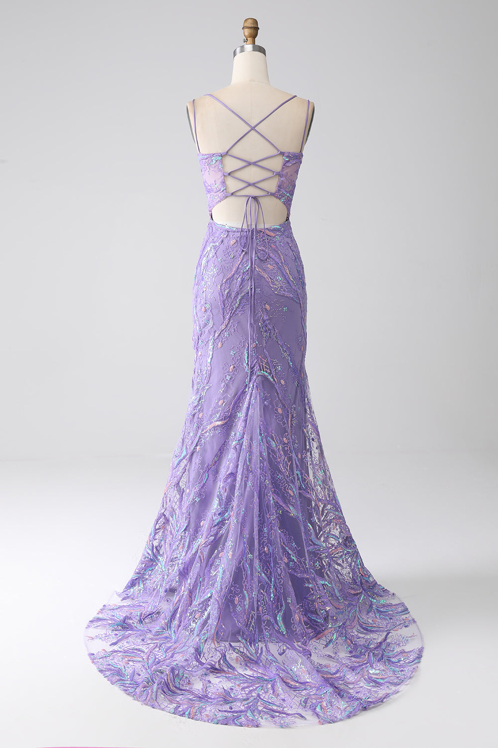 Mermaid Lace-Up Back Lilac Sequins Prom Dress med Slit