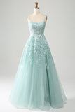 Glitter Mint A-Line Tylle Long Prom kjole med blonder
