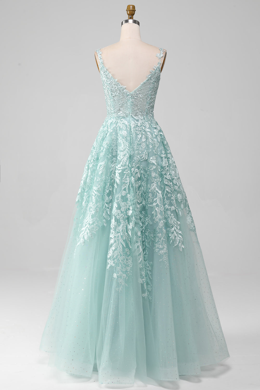 Glitter Mint A-Line Tylle Long Prom kjole med blonder