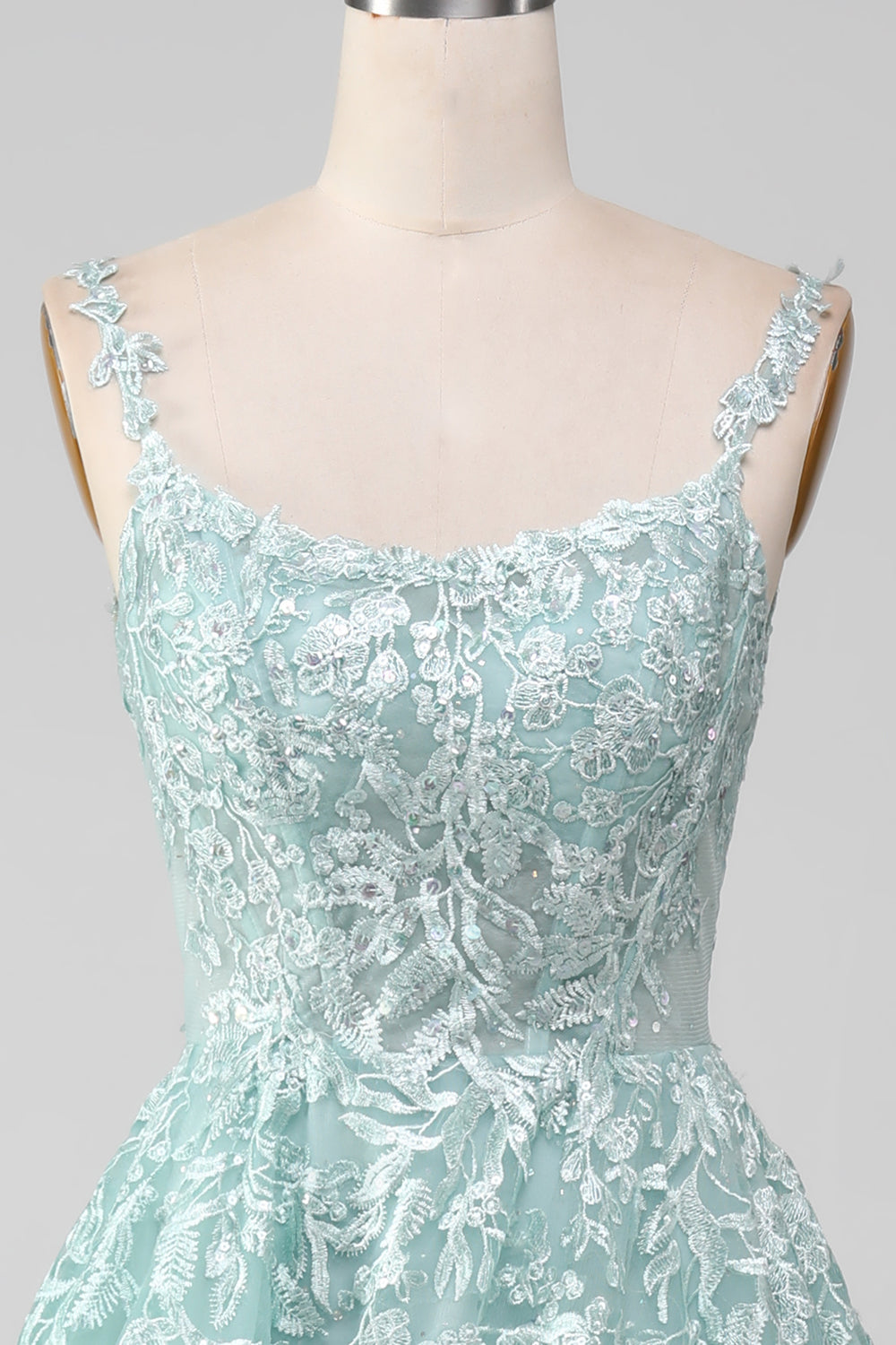 Glitter Mint A-Line Tylle Long Prom kjole med blonder