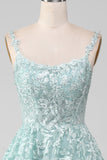 Glitter Mint A-Line Tylle Long Prom kjole med blonder
