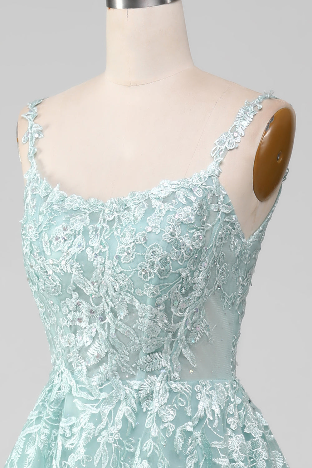 Glitter Mint A-Line Tylle Long Prom kjole med blonder